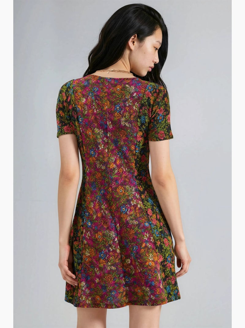Robe courte trapèze à col v fleuri hiccup Noir Rose - Kiabi