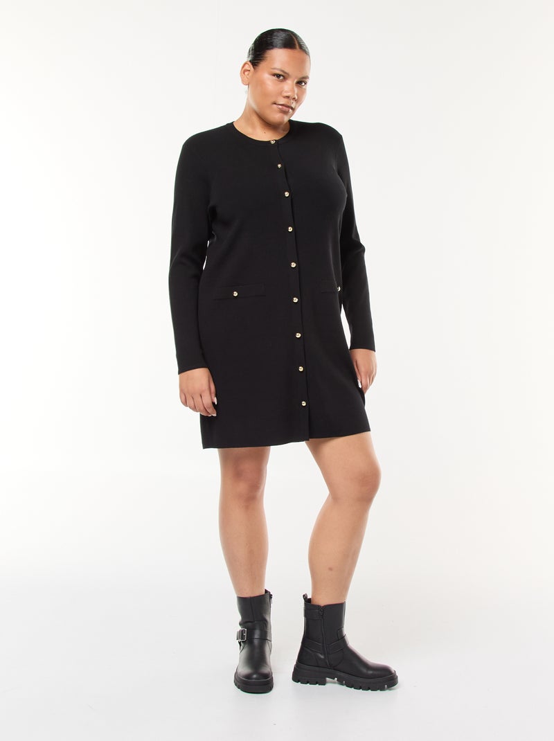 Robe courtes en maille fine col V et boutons dorés Noir - Kiabi