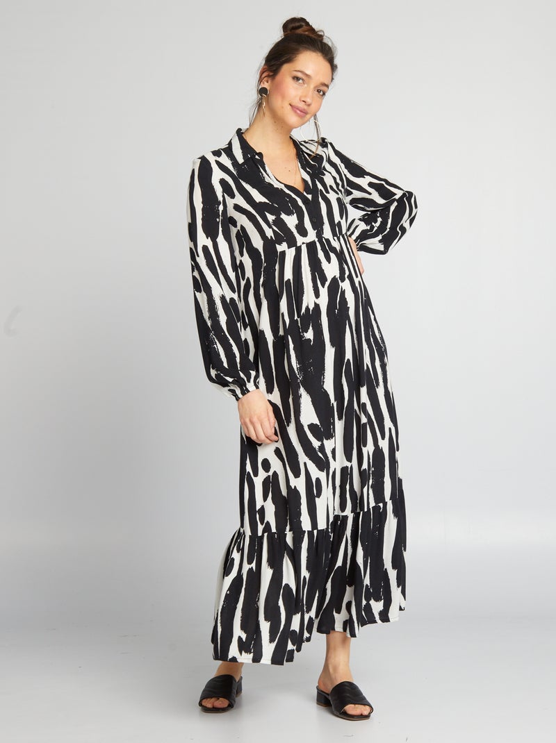 Robe de maternité longue à volants Noir/blanc - Kiabi