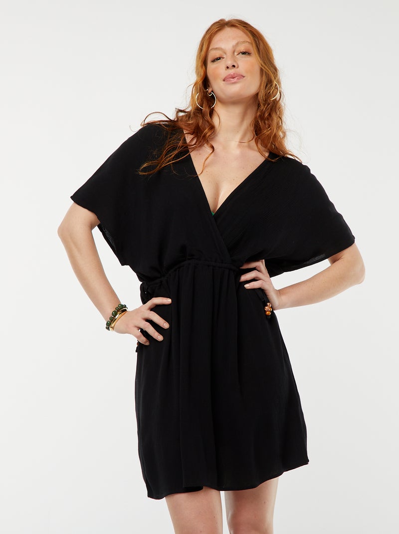 Robe de plage en maille crêpe avec encolure cache-coeur Noir - Kiabi