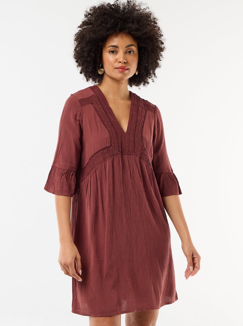 Robe de plage en maille crêpe et macramé Marron - Kiabi