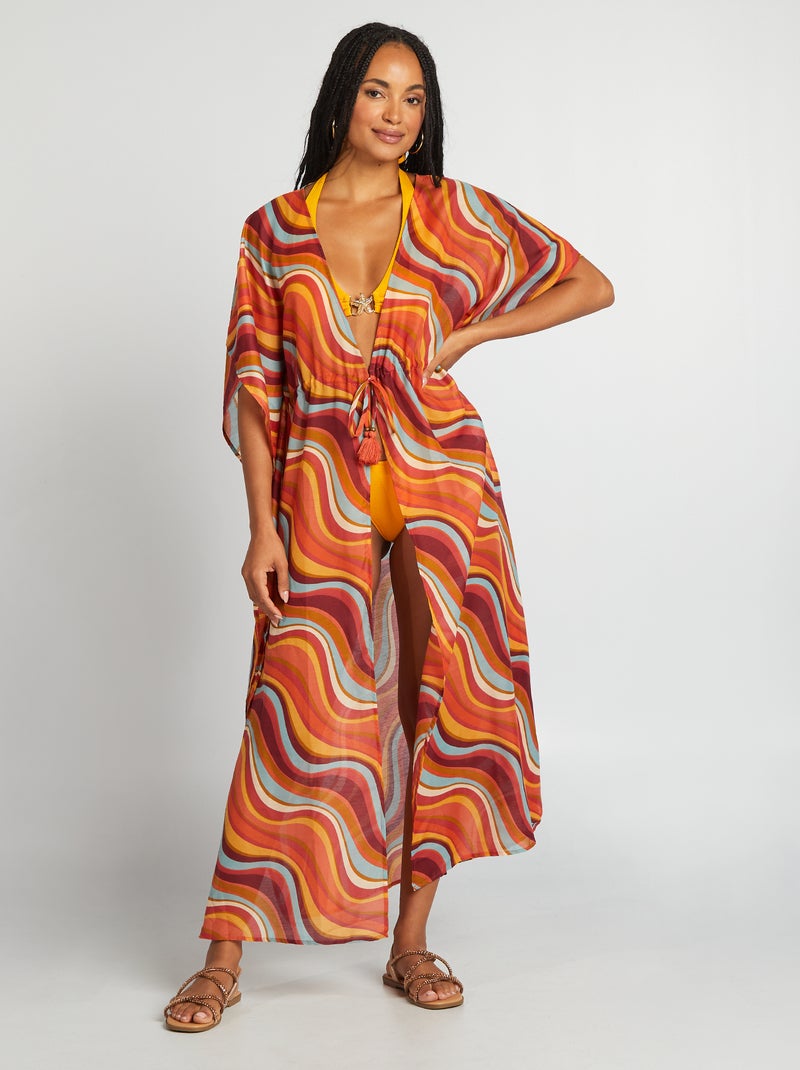 L-Peach Robe De Plage Longue Kimono Maxi Ethnique Femme – Imprimé Boho Estival, Cover-up Léger & Polyvalent Pour Vacances