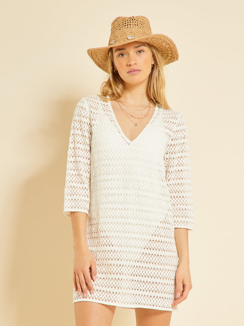 Robe de plage mi-longue en crochet Blanc crème - Kiabi