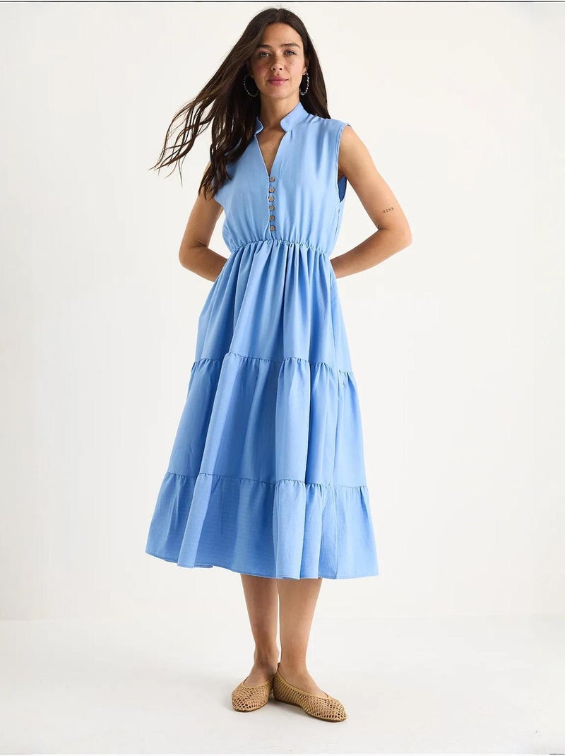 Robe d'été en modal à volants et col en v à rayures et taille élastique lucci Bleu clair - Kiabi