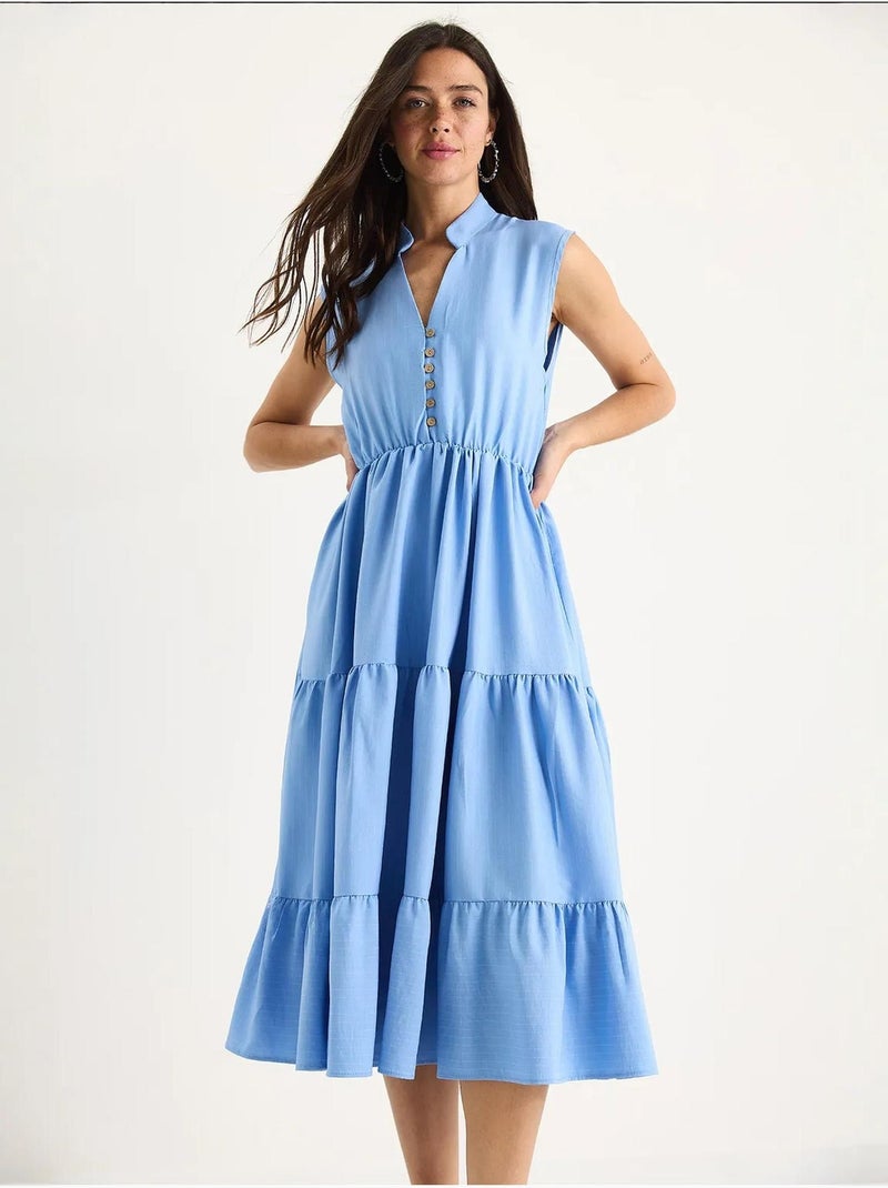 Robe d'été en modal à volants et col en v à rayures et taille élastique lucci Bleu clair - Kiabi