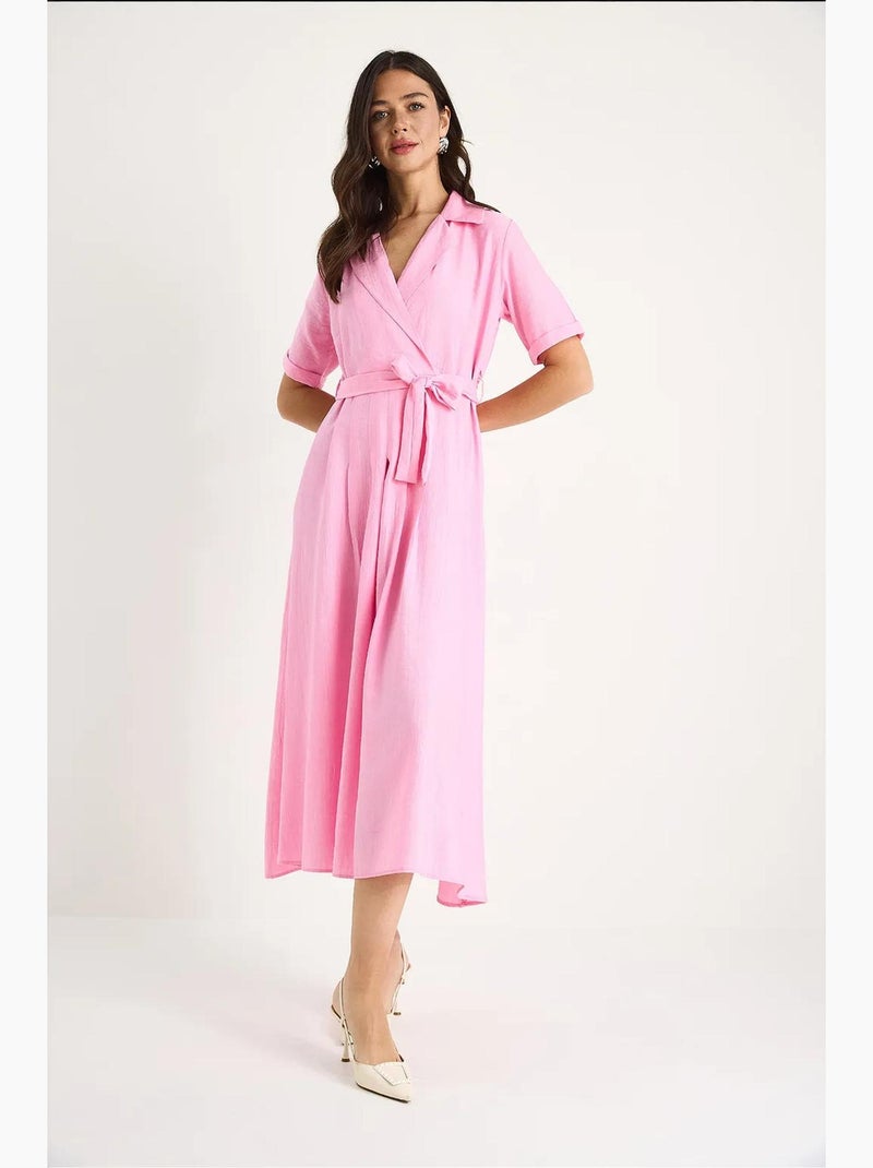 Robe d'été portefeuille à col en v et manches courtes avec ceinture lucci Rose fluo/Solinotes - Kiabi