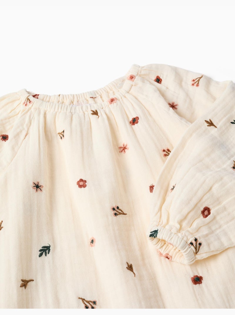 Robe en coton à manches longues avec broderie florale Blanc - Kiabi