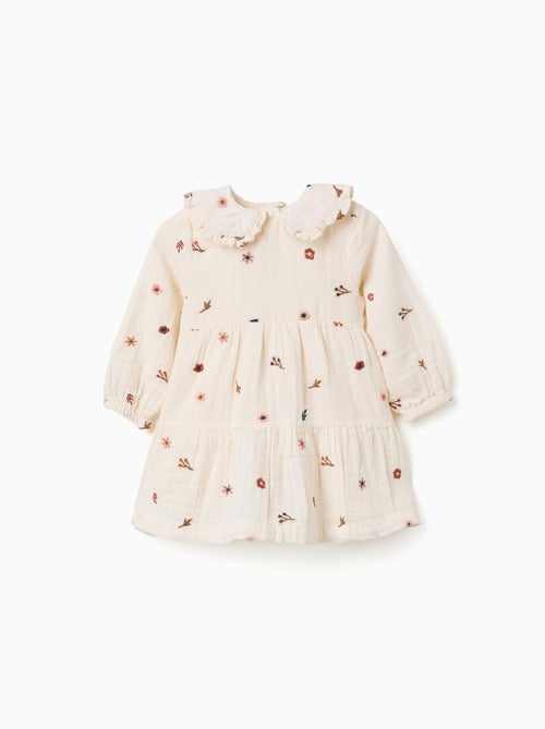 Robe en coton à manches longues avec broderie florale - Kiabi