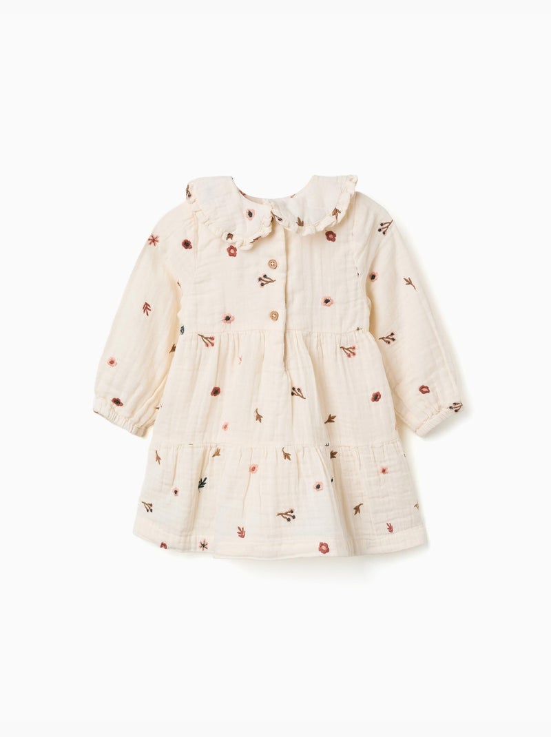 Robe en coton à manches longues avec broderie florale Blanc - Kiabi