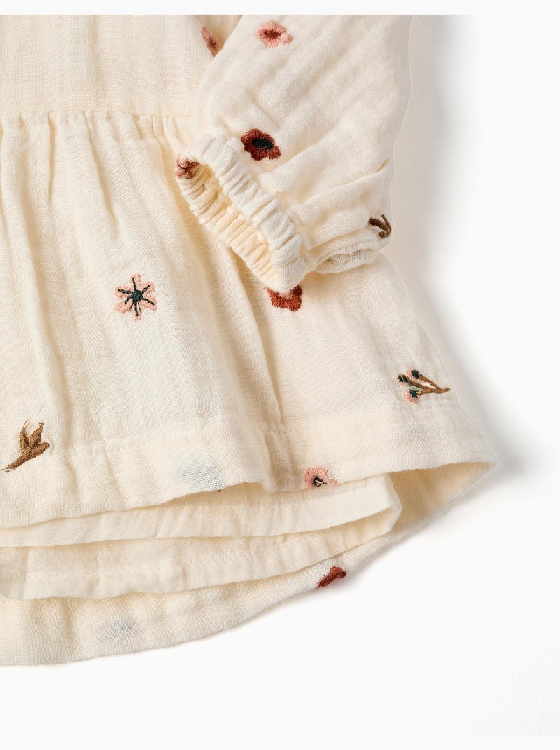 Robe en coton à manches longues avec broderie florale Blanc - Kiabi