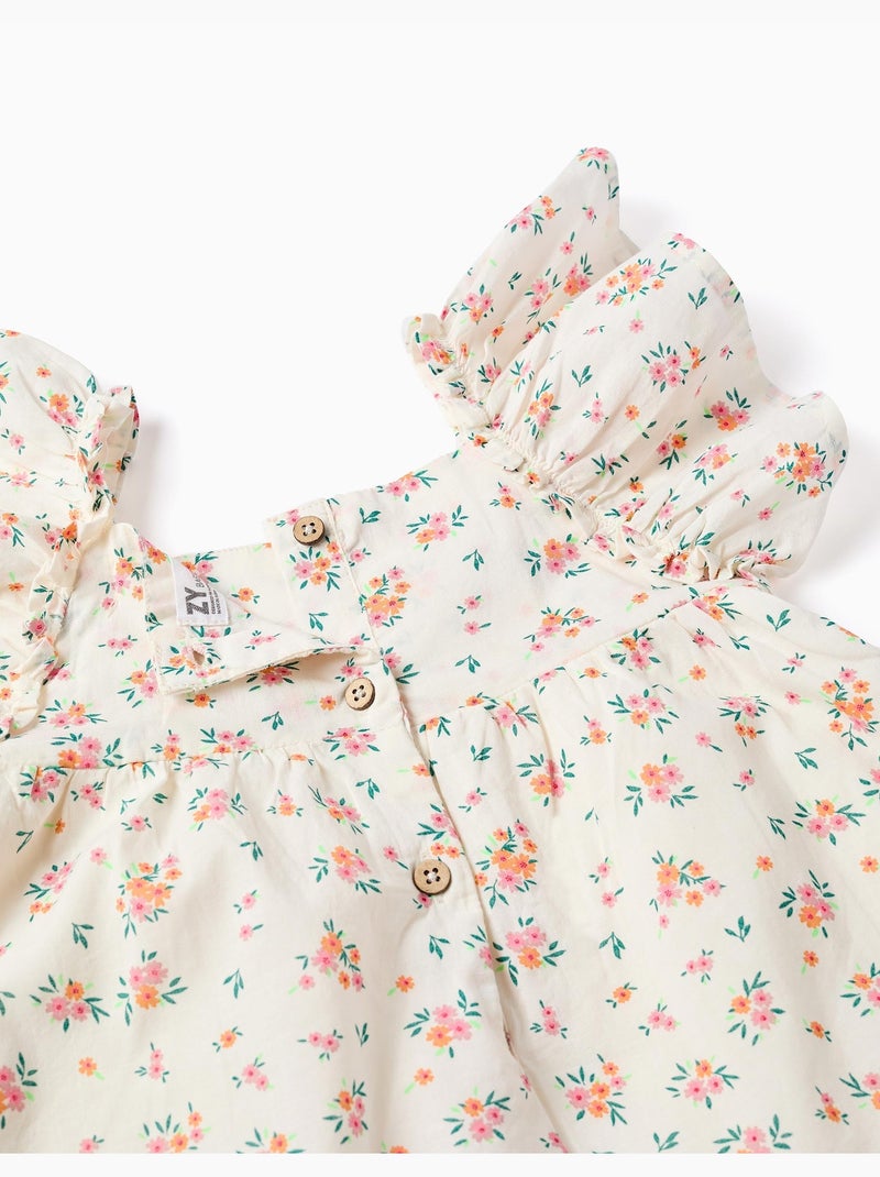 Robe en coton avec motif floral et volants Beige clair - Kiabi