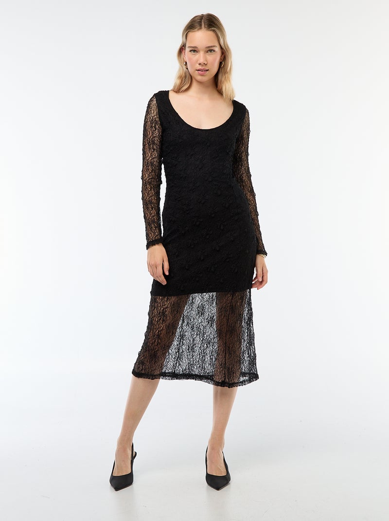 Robe en dentelle unie à manches longues Noir - Kiabi
