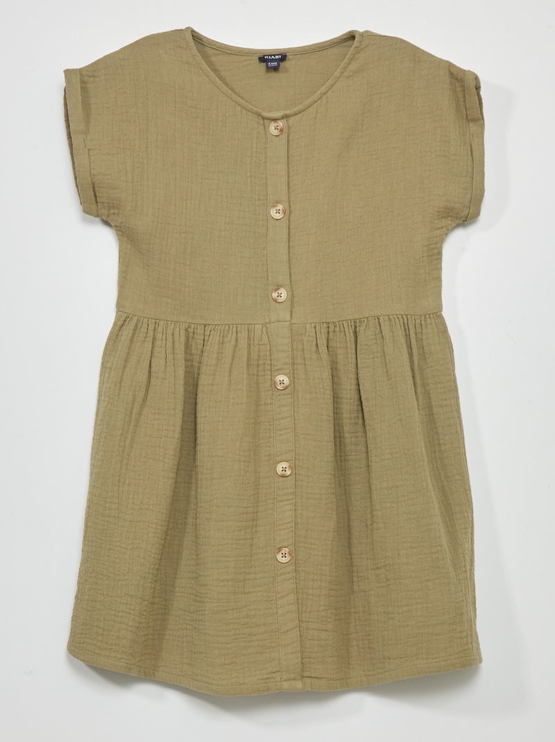 Robe en gaze de coton avec boutons Kaki - Kiabi