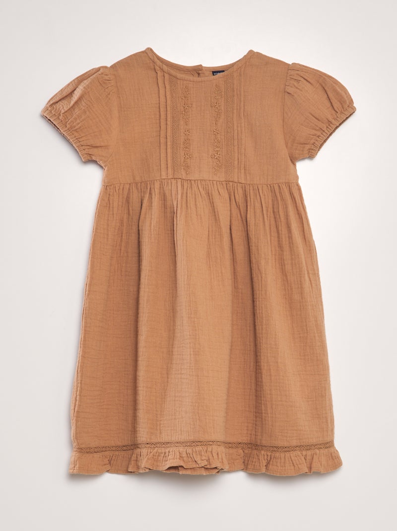 Robe en gaze de coton avec broderie Marron - Kiabi