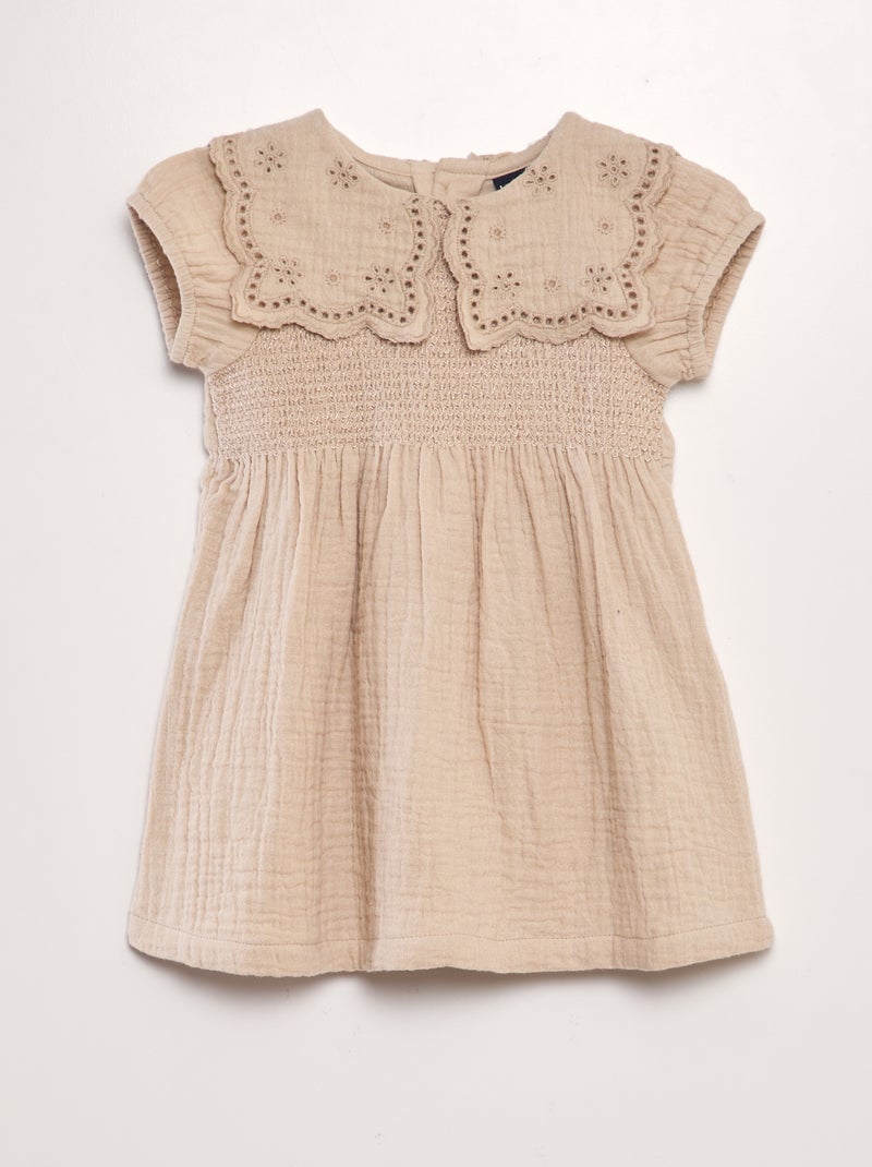 Robe en gaze de coton avec col claudine Beige - Kiabi