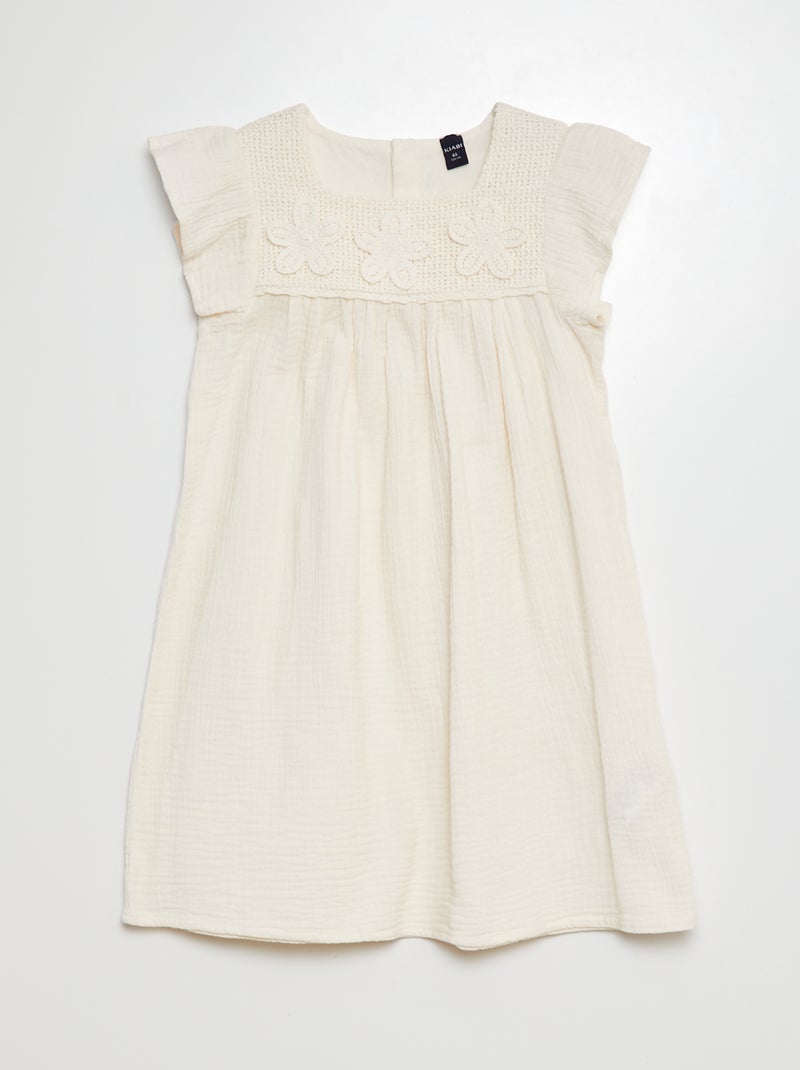 Robe en gaze de coton avec motifs en crochet BLANC - Kiabi