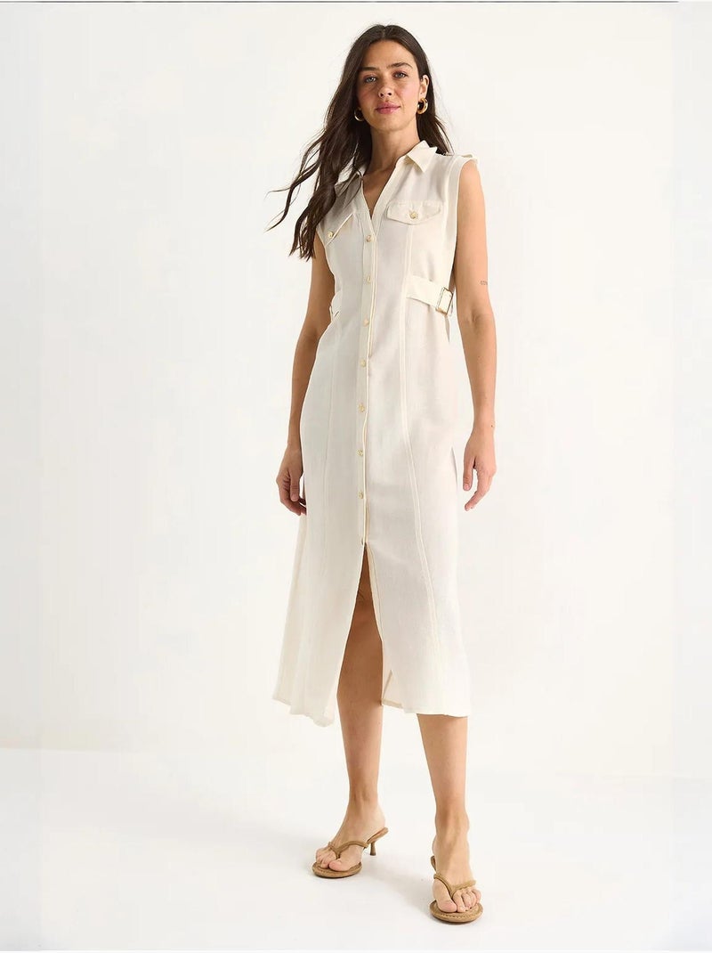 Robe en lin avec boutons dorés et détails à la taille lucci Beige argile - Kiabi