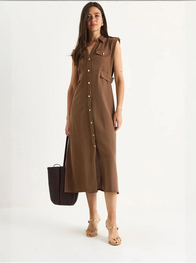 Robe en lin avec boutons dorés et détails à la taille lucci Marron clair - Kiabi