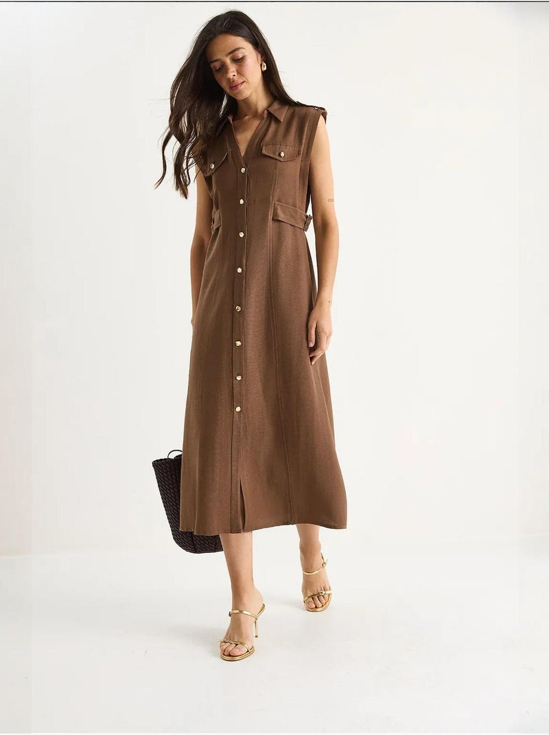 Robe en lin avec boutons dorés et détails à la taille lucci Marron clair - Kiabi