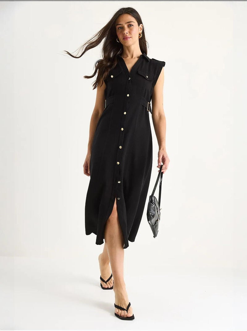 Robe en lin avec boutons dorés et détails à la taille lucci Noir - Kiabi