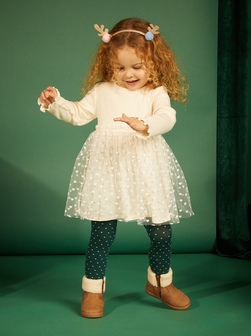 Robe en matière côtelé et tulle Blanc - Kiabi