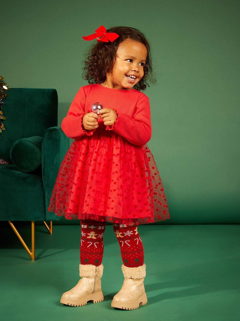 Robe en matière côtelé et tulle Rouge - Kiabi