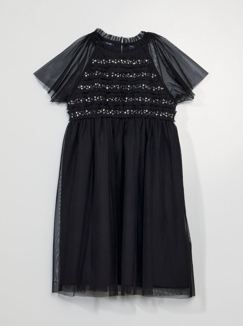 Robe en tulle avec sequins et volants noir - Kiabi
