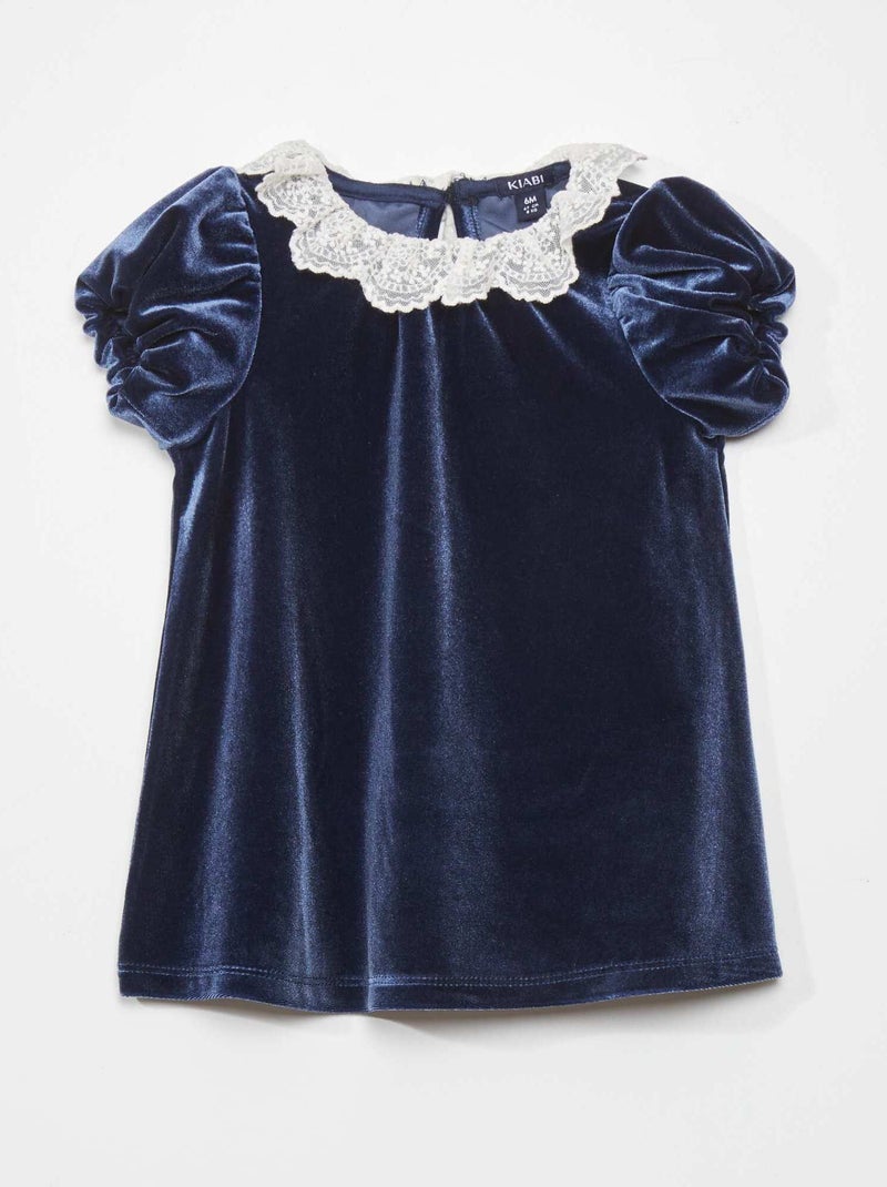 Robe en velours avec col en tulle brodé Bleu foncé - Kiabi
