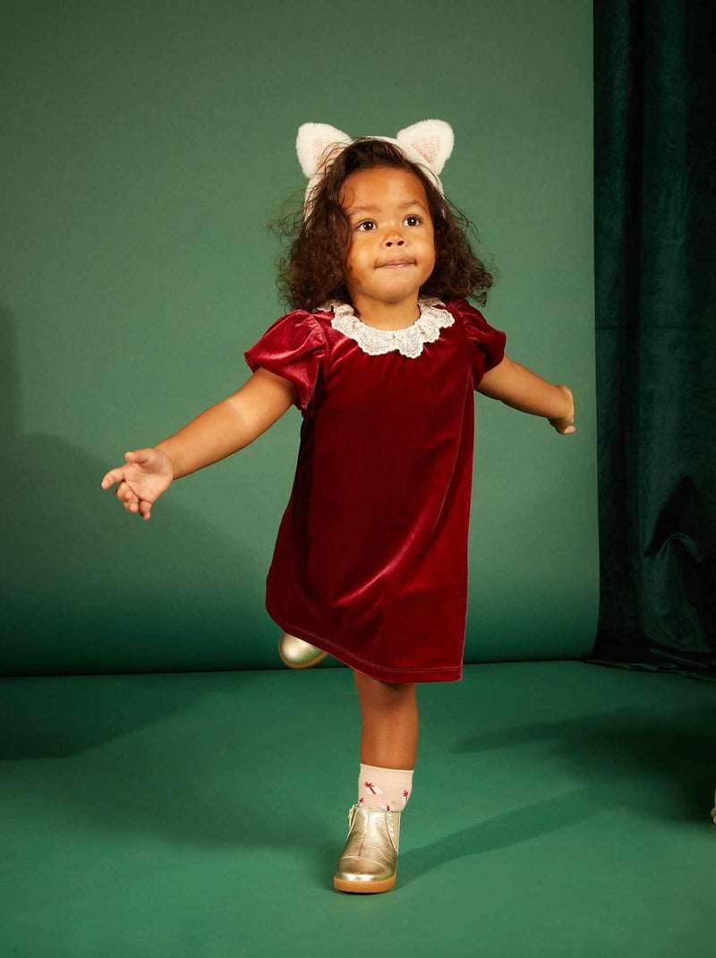 Robe en velours avec col en tulle brodé Rouge - Kiabi