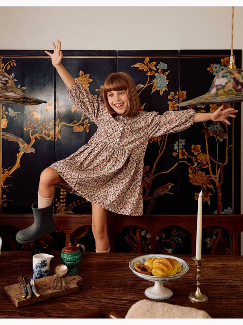 Robe en velours côtelé à manches longues avec motif floral - Kiabi