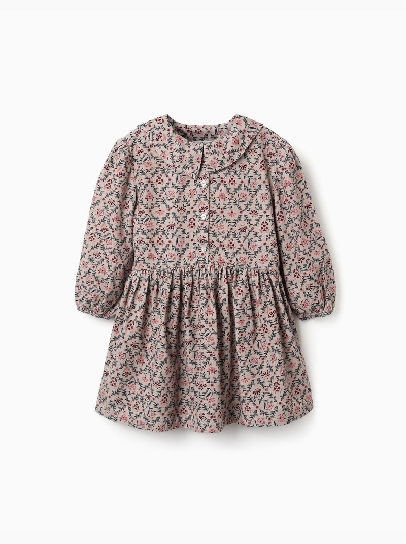 Robe en velours côtelé à manches longues avec motif floral Beige clair - Kiabi