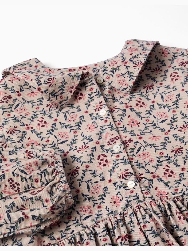 Robe en velours côtelé à manches longues avec motif floral Beige clair - Kiabi