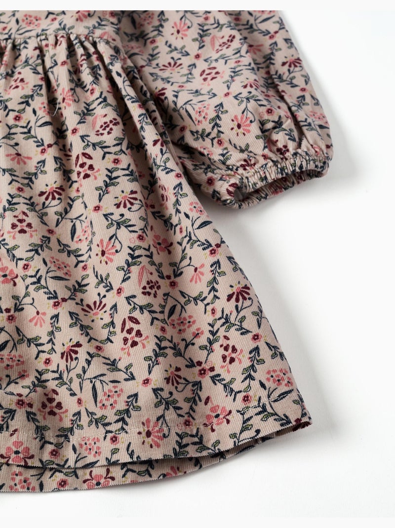 Robe en velours côtelé à manches longues avec motif floral Beige clair - Kiabi