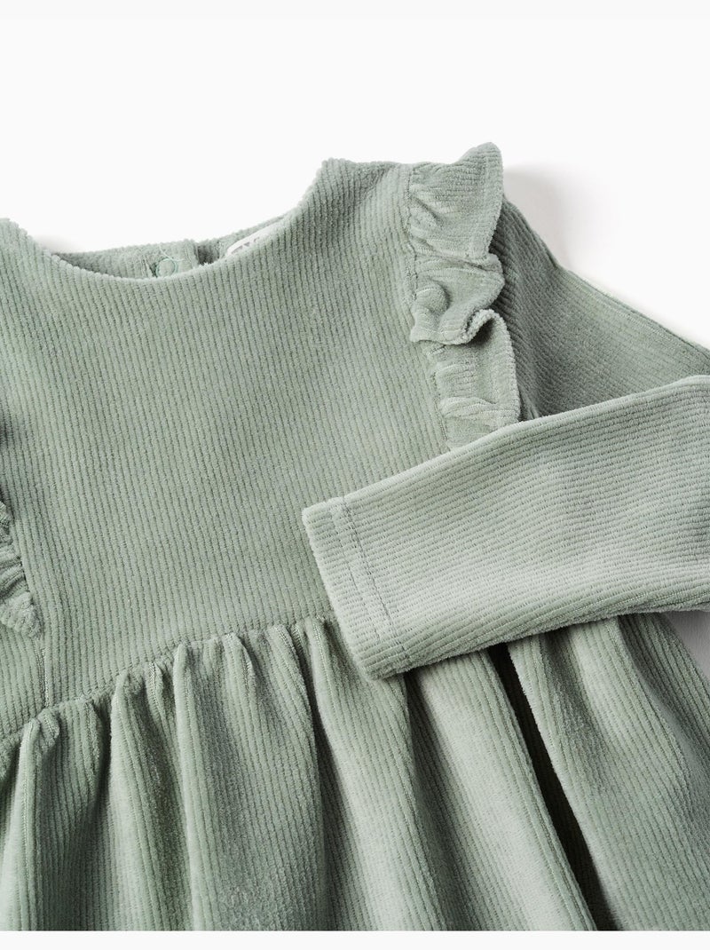 Robe en velours côtelé à manches longues avec volants Vert - Kiabi