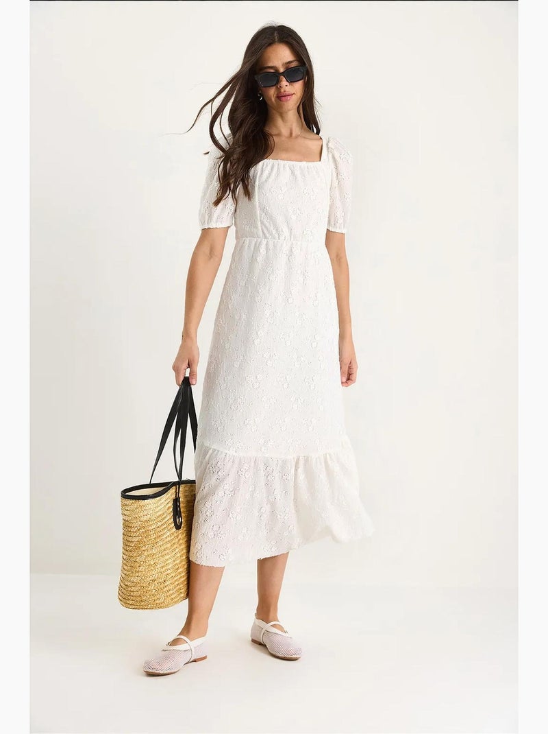 Robe guipure midi col carré lucci Blanc - Kiabi