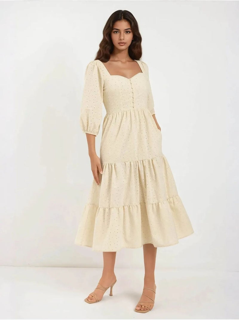 Robe longue à col cœur brodé hiccup Sable - Kiabi