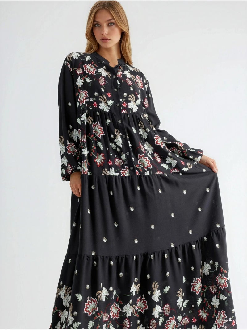 Robe longue à col en v à motifs hiccup Noir - Kiabi