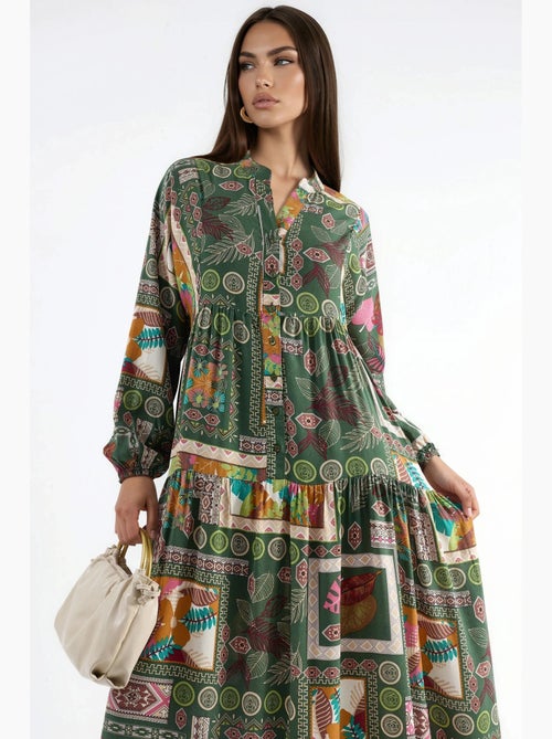 Robe longue à col en v à motifs hiccup - Kiabi Robe longue à col en v à motifs hiccup - Kiabi