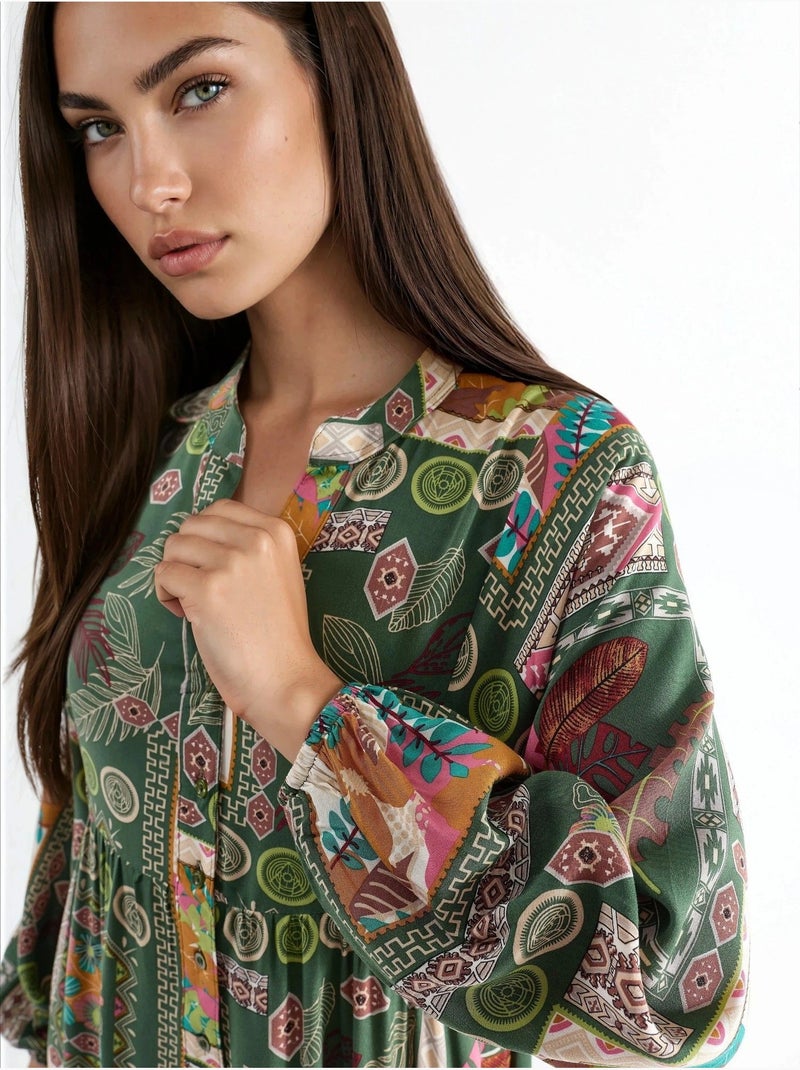 Robe longue à col en v à motifs hiccup Vert foncé - Kiabi
