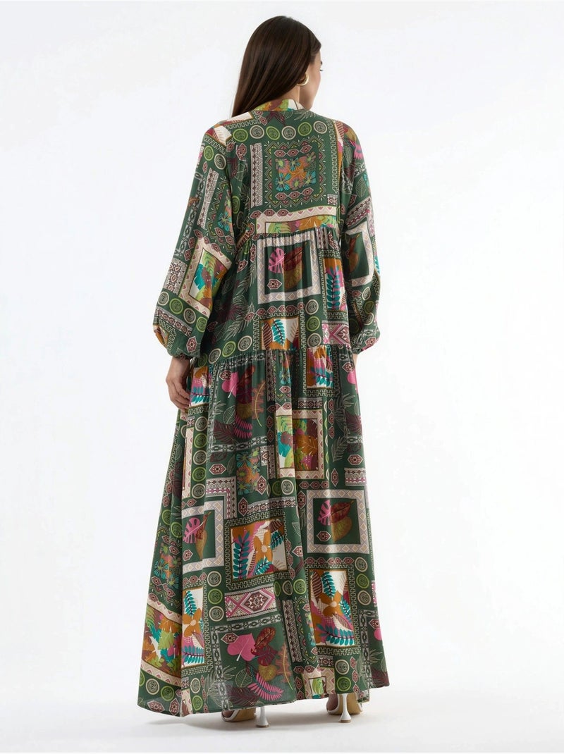 Robe longue à col en v à motifs hiccup Vert foncé - Kiabi