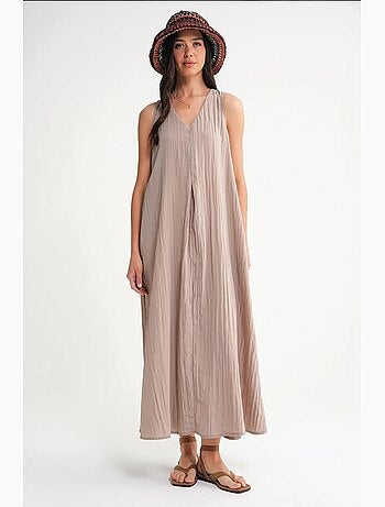 Robe longue à col en v en tissu seersucker mixray