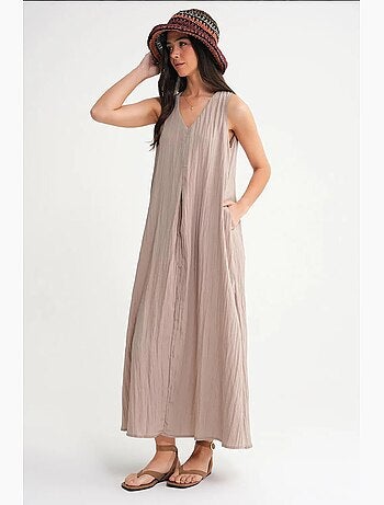Robe longue à col en v en tissu seersucker mixray