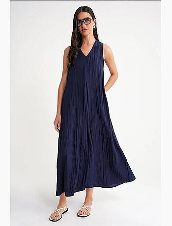 Robe longue à col en v en tissu seersucker mixray