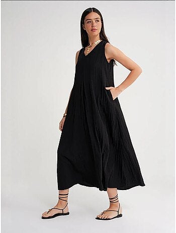 Robe longue à col en v en tissu seersucker mixray