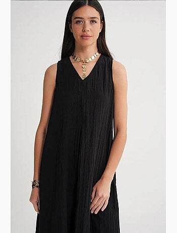 Robe longue à col en v en tissu seersucker mixray