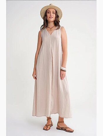 Robe longue à col en v en tissu seersucker mixray