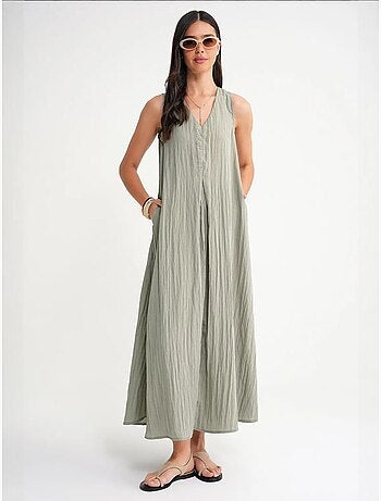 Robe longue à col en v en tissu seersucker mixray