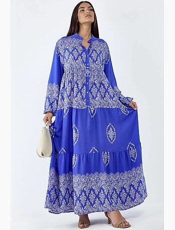 Robe longue à col en v et à motifs, fermeture boutonnée hiccup