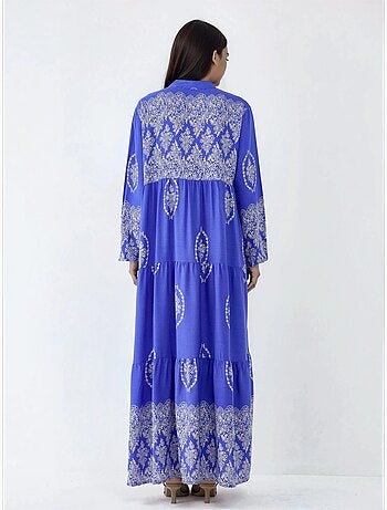 Robe longue à col en v et à motifs, fermeture boutonnée hiccup