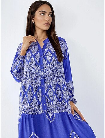 Robe longue à col en v et à motifs, fermeture boutonnée hiccup